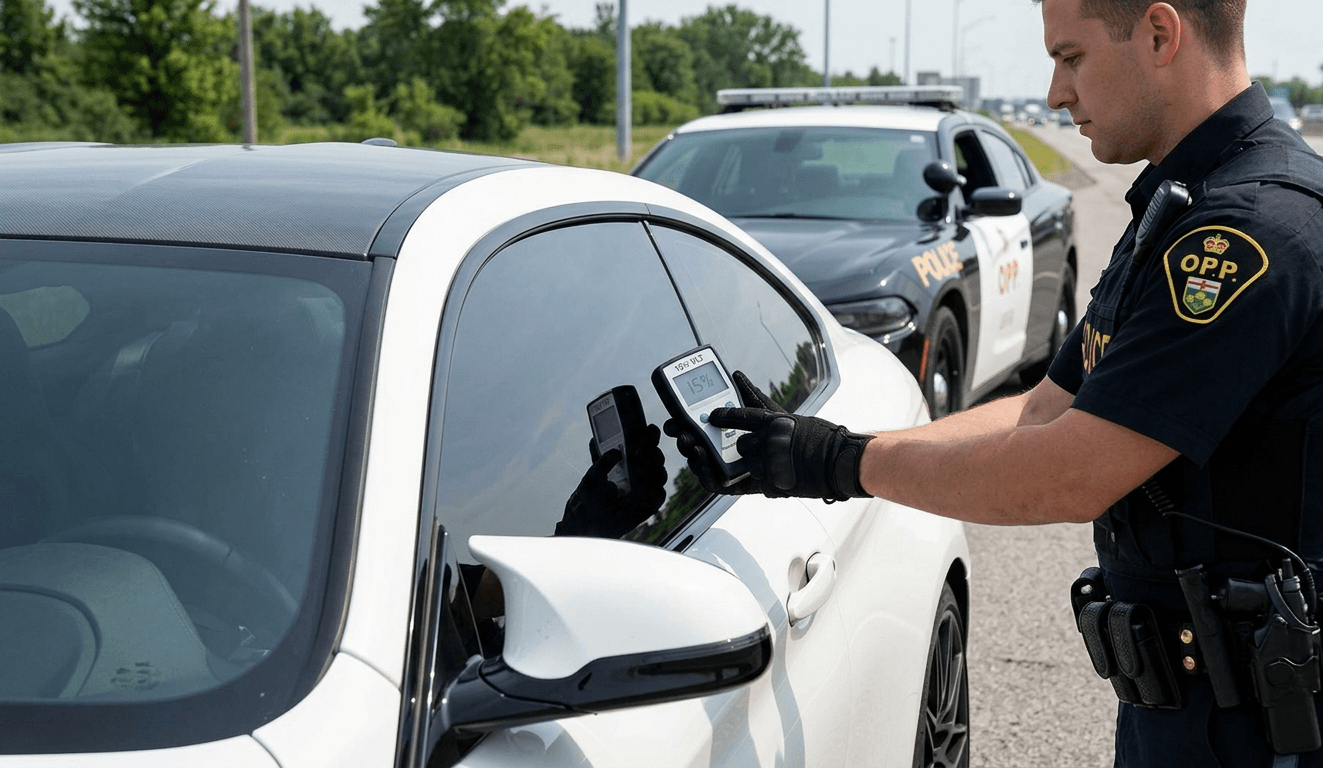 OPP officer measuring window tint compliance with a tint meter on a white vehicle during roadside inspection