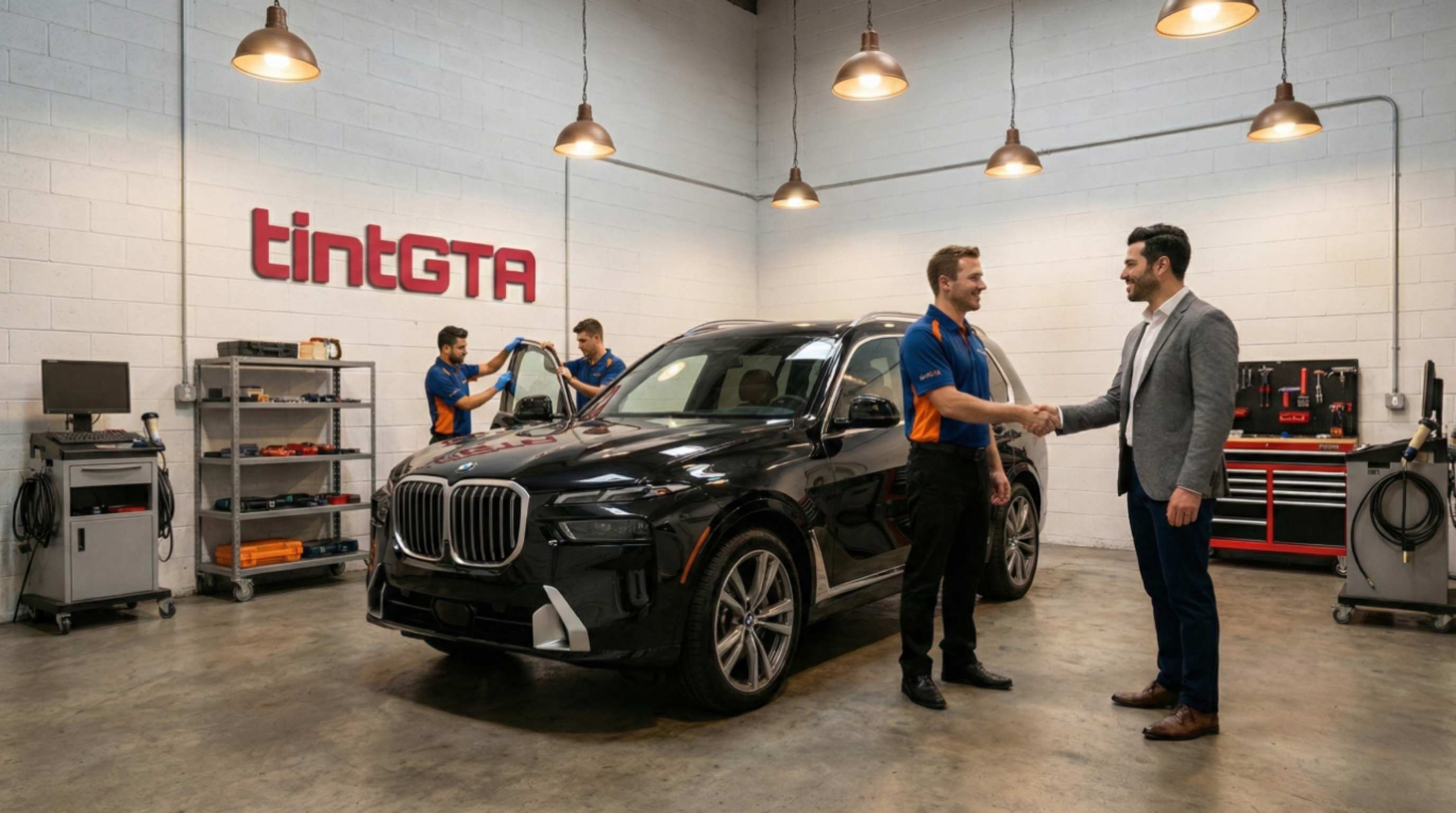 TintGTA professional team servicing luxury vehicle in modern facility